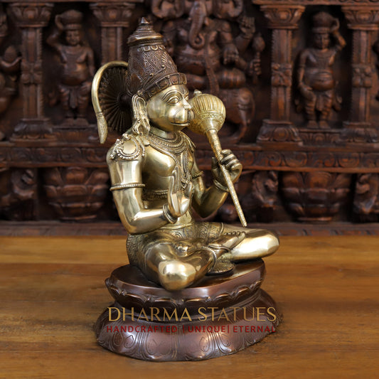 Brass Hanuman Seated in Blessing Position, Gold and Copper Finish, 16"