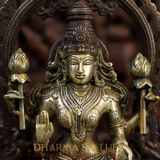 Brass Vishnu and Lakshmi Standing in Frame with Elephants & Garuda at the Pedestal, Copper and Gold, 16"