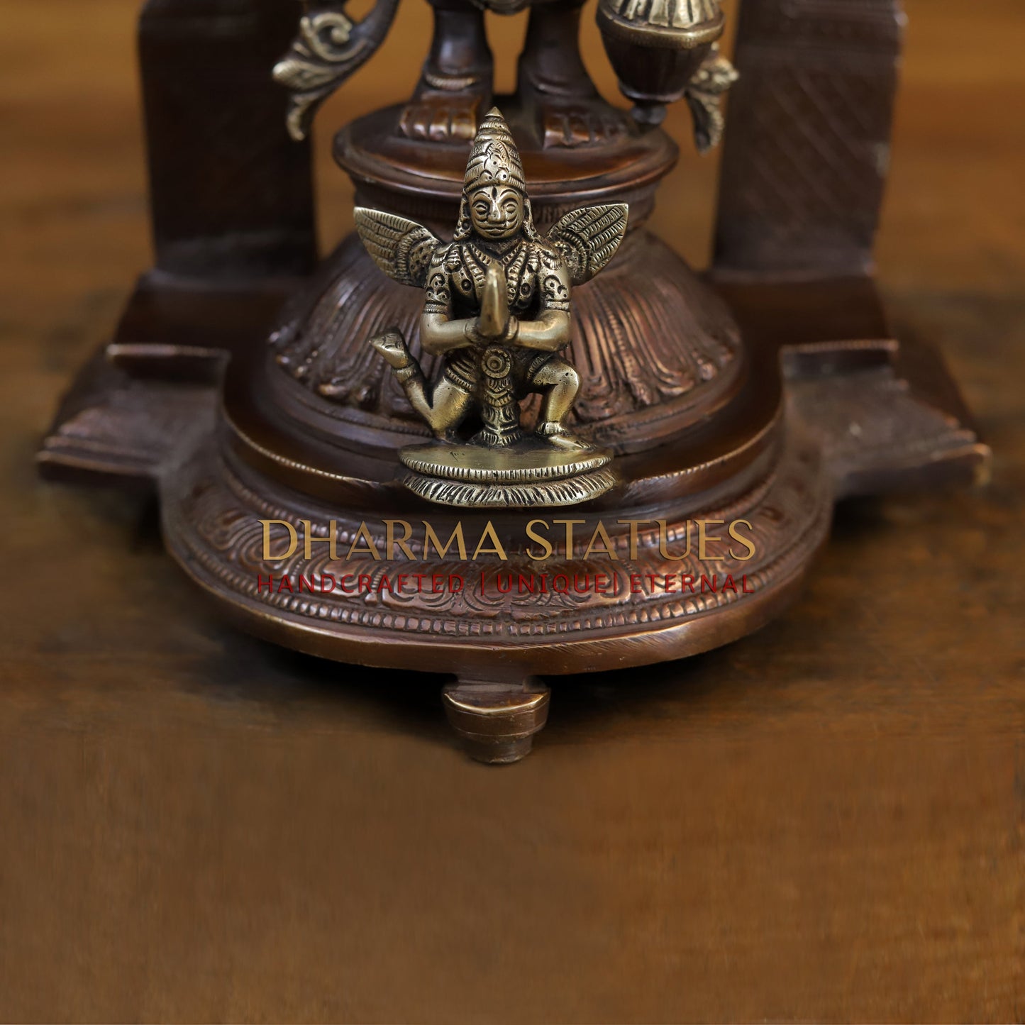 Brass Lakshmi Standing with Shree Garuda at the Pedestal, Golden & Copper Finish, 16"