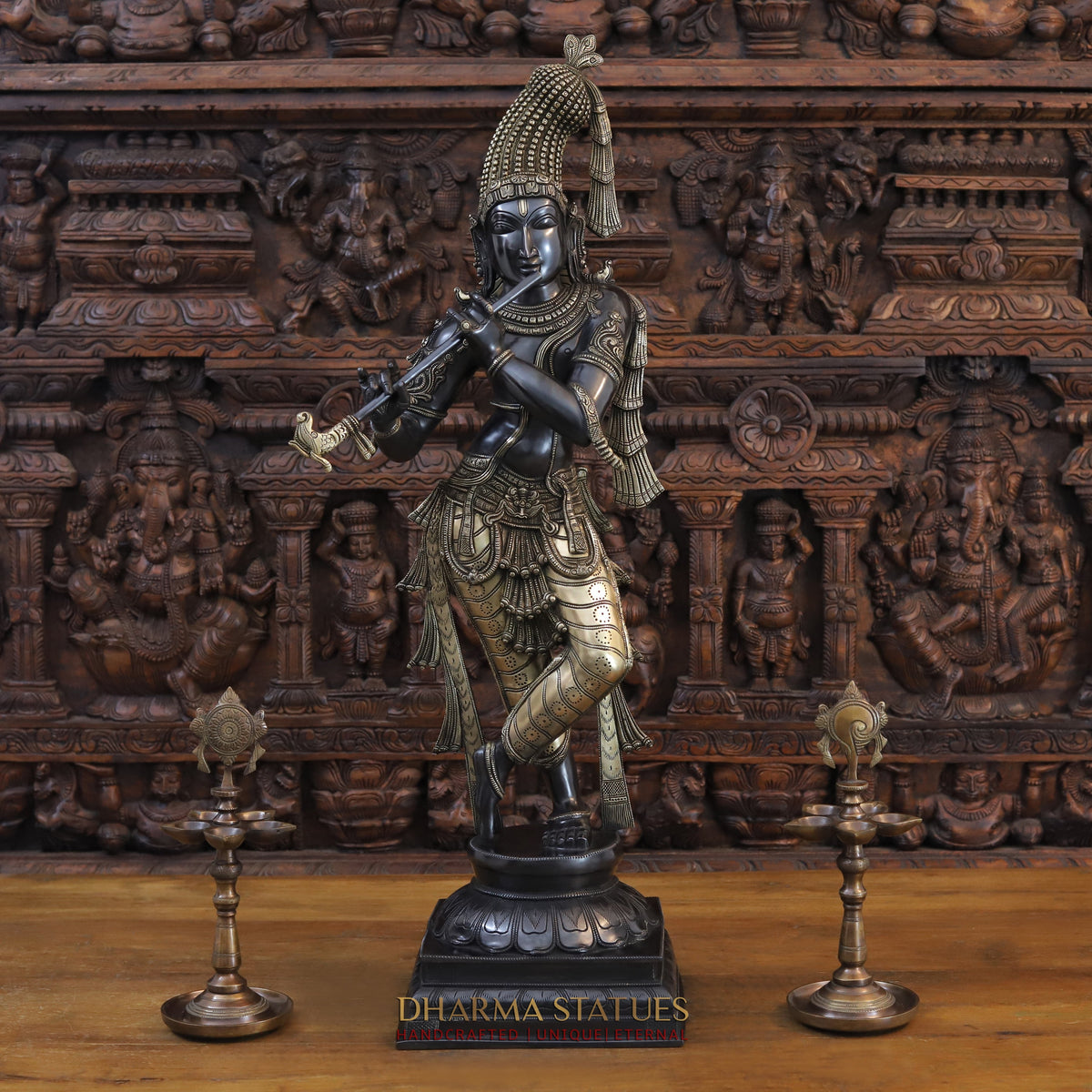 Brass Krishna Playing Flute, Black Patina and Golden Finish, 35"
