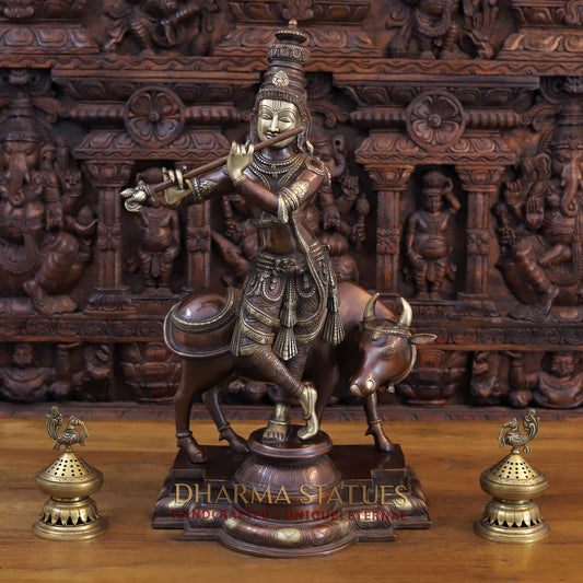 Brass Krishna Playing Flute with Nandi Cow on a Pedestal, Copper & Gold Finish, 26"