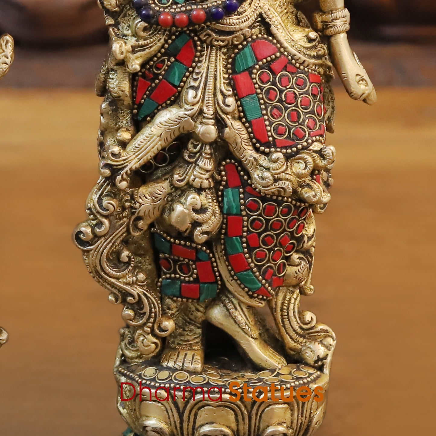Brass Radha & Krishna Playing Flute, Stonework & Golden Finish, 14"