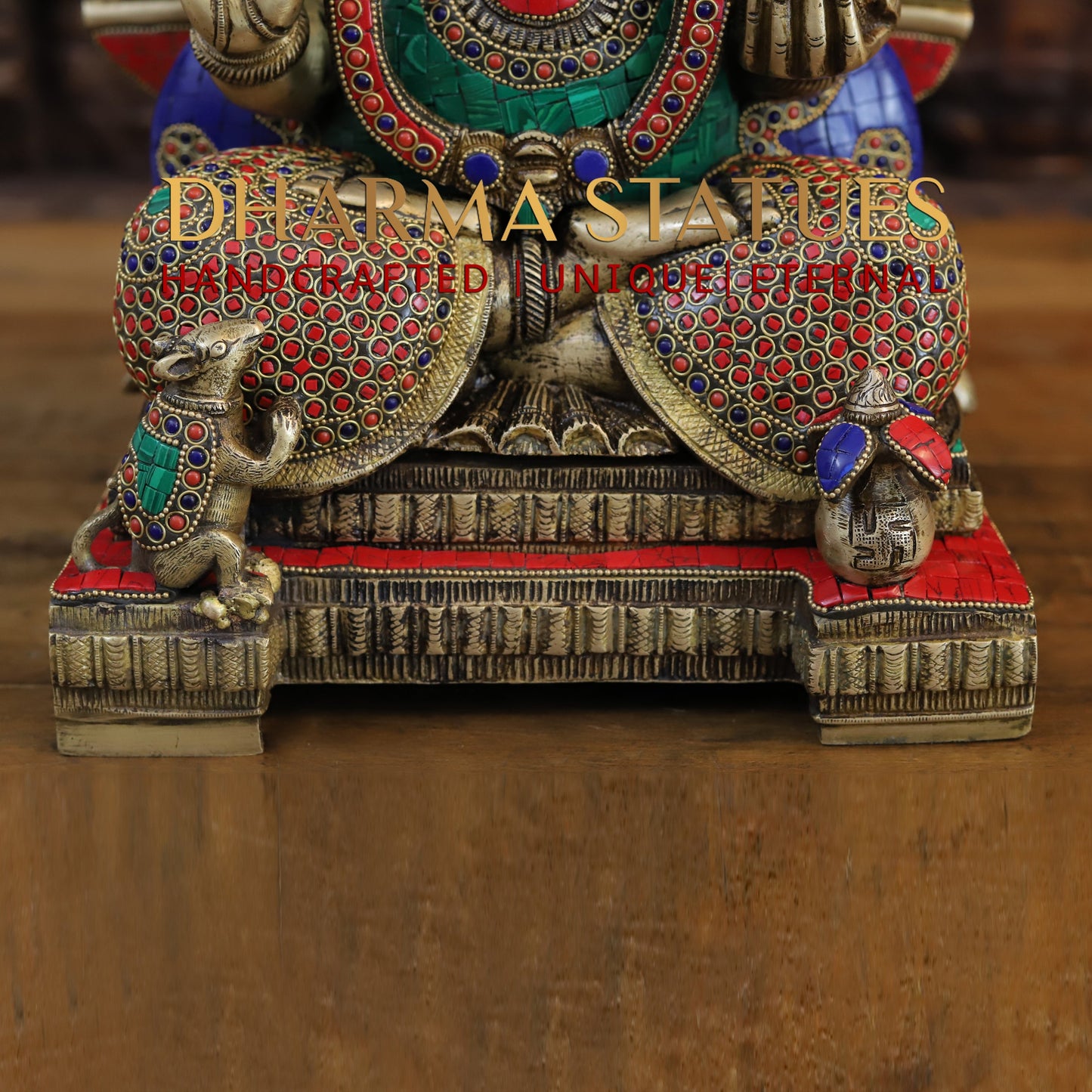 Brass Ganesh seated on Throne, Golden & Stonework, 21.5"