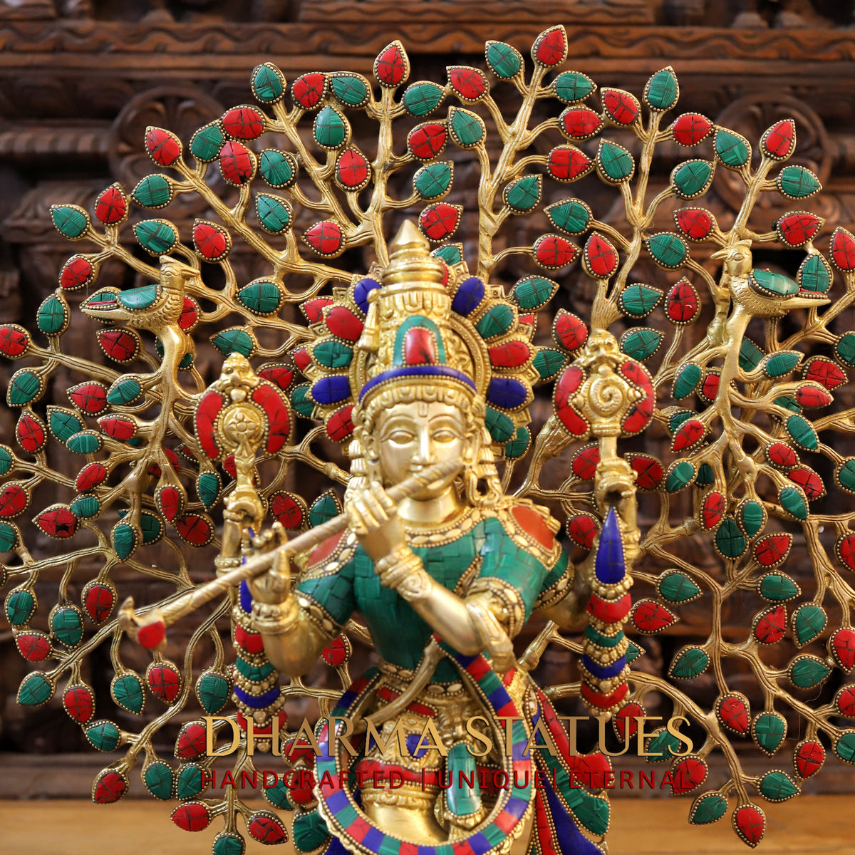 Brass Krishna Playing Flute with Tree, Golden & Stonework, 23"