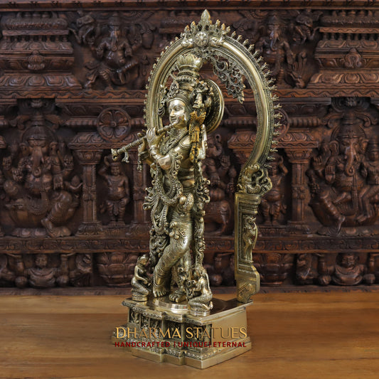 Brass Krishna Idol, Playing Flute, Fine Golden work, Masterpiece 32"