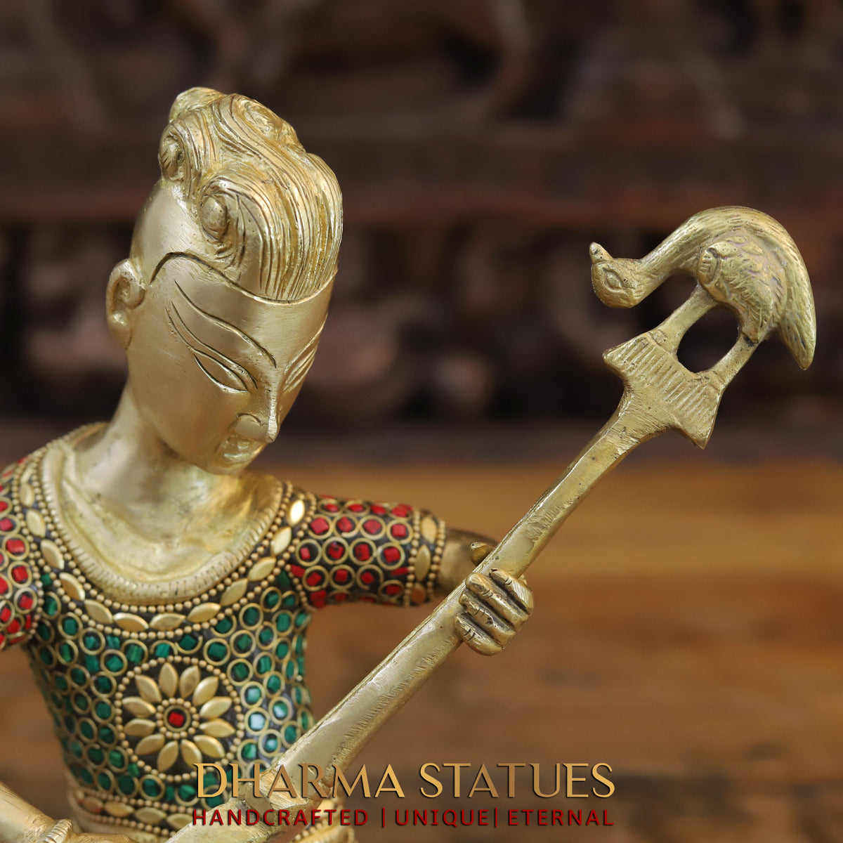 Brass Mystical Musicians of the Mughal Court (Set of 4), Golden & Stonework, 9.5"