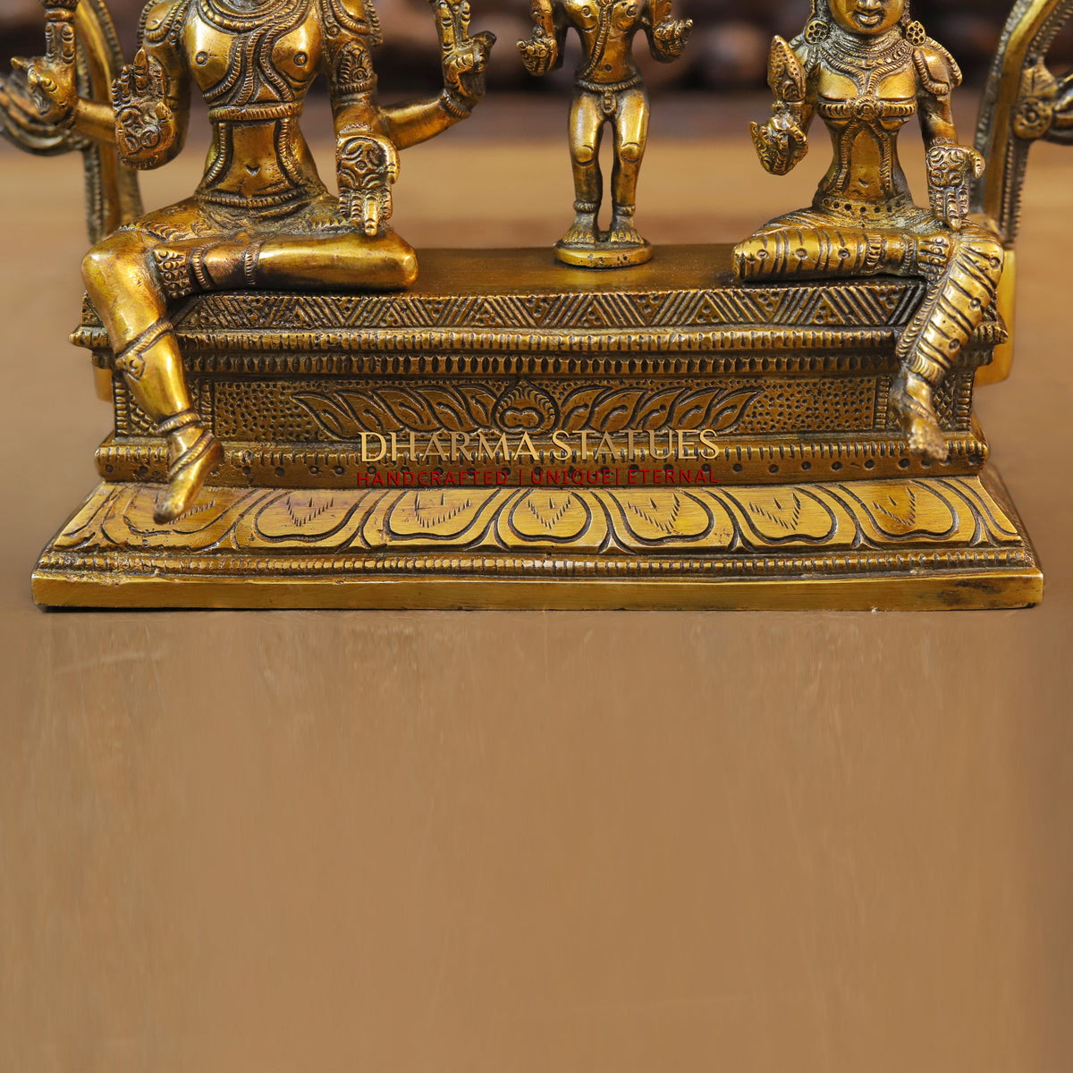 Brass Somaskanda Shiva, Parvati, and Kartikeya, Golden Finish, 11"