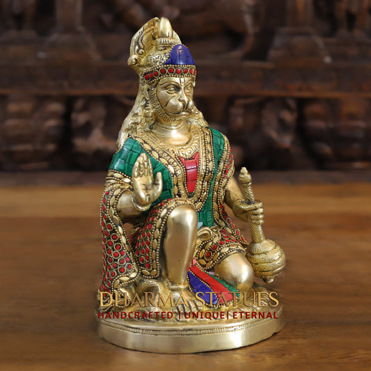 Brass Hanuman Ji seated in Blessing Posture, Golden & Stonework, 9.5"