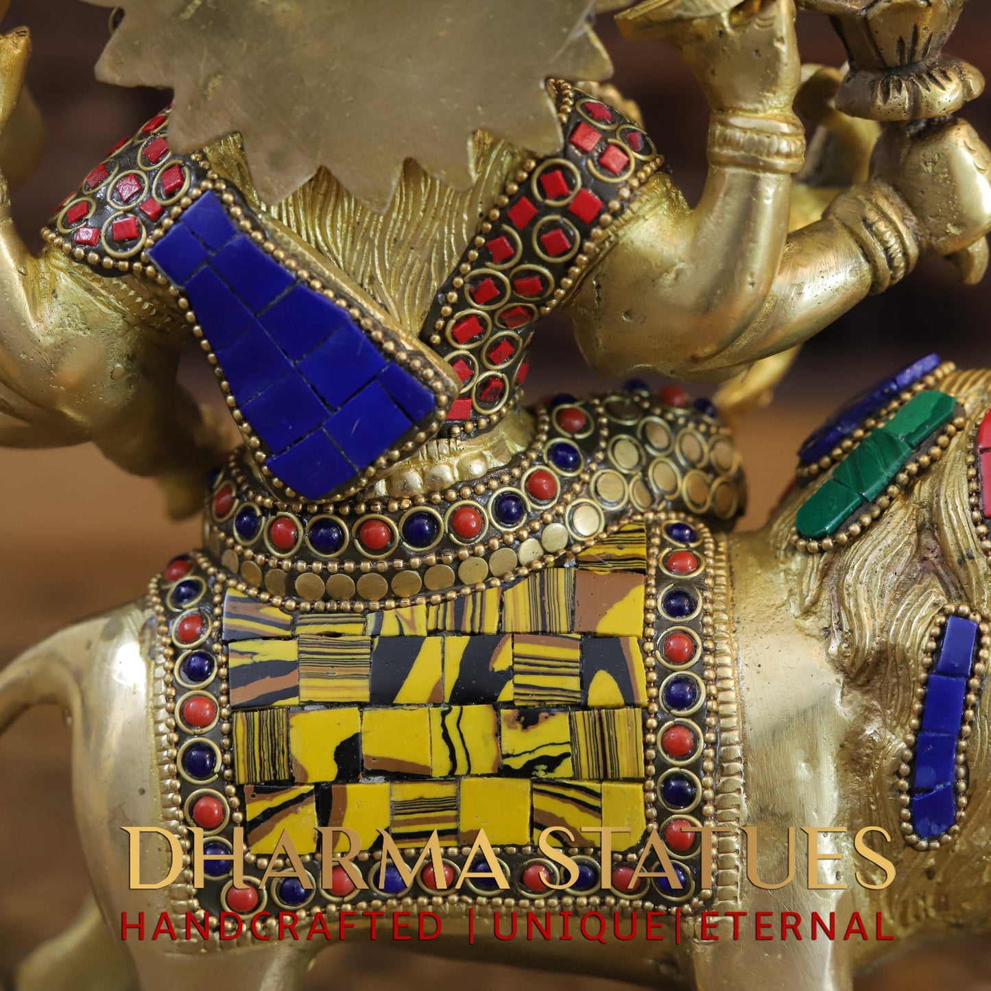 Brass Durga with 8 arms sitting on lion, Golden & Stonework, 8.5"