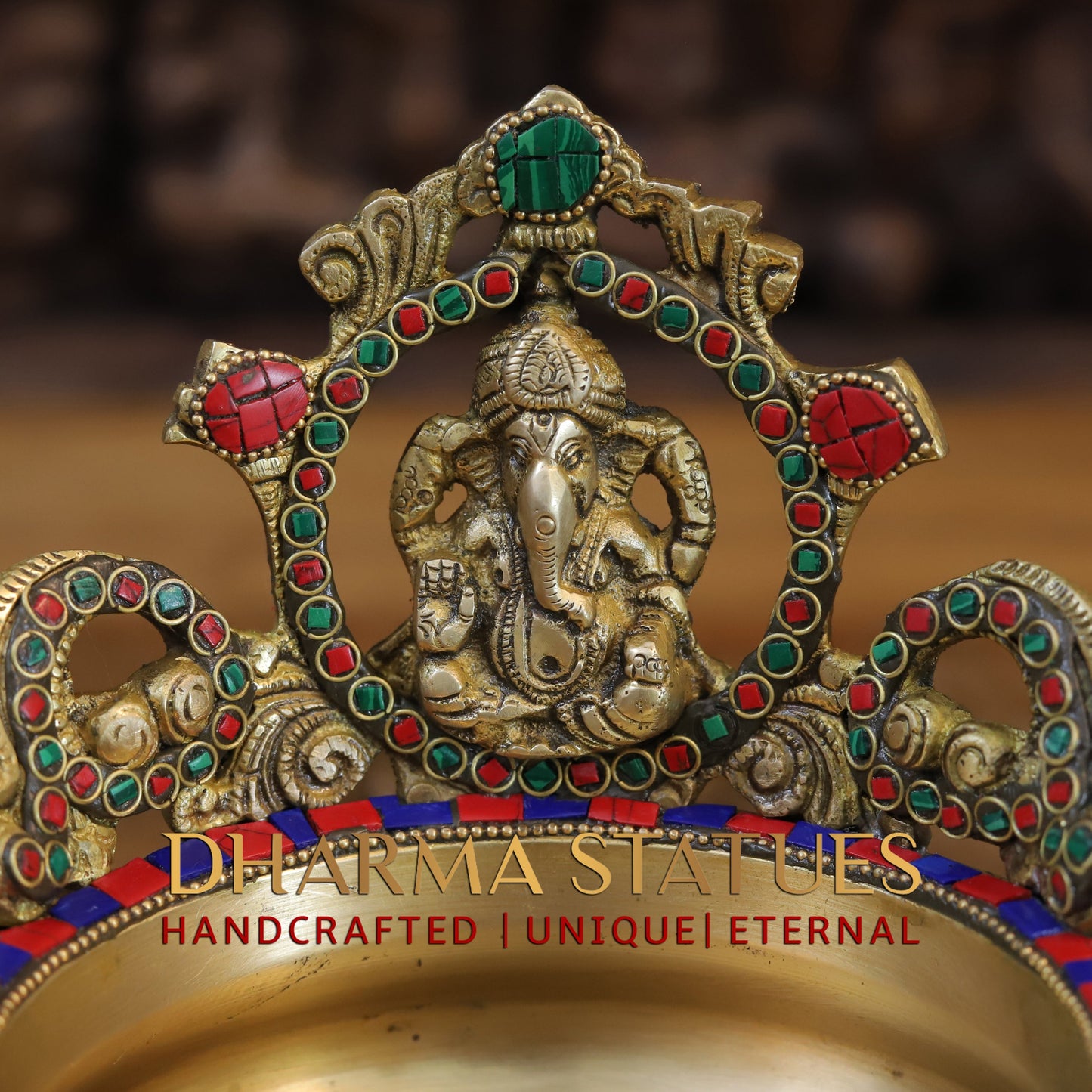 Brass Ganesh with Frame Diya Urli, Golden & Stonework, 7"