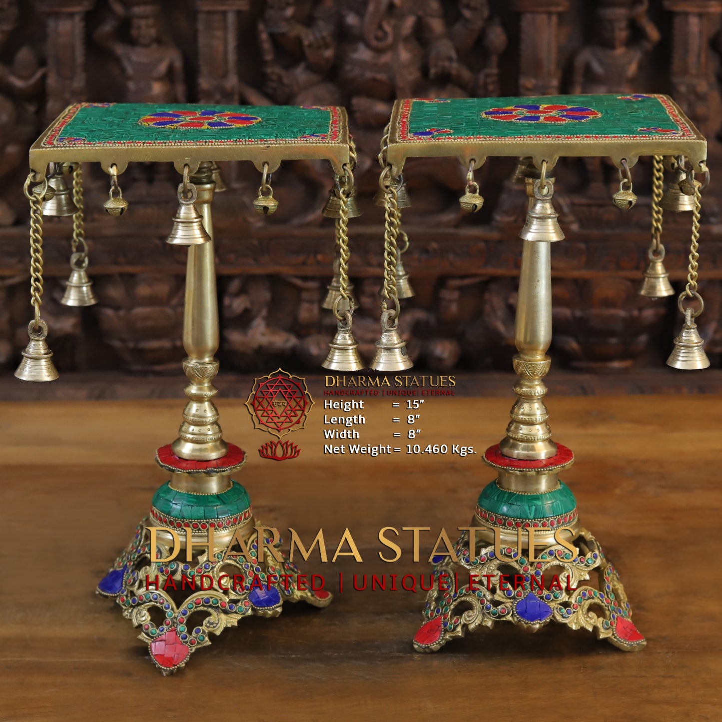 Brass Table with Hanging Bells, Golden & Stonework, 15"