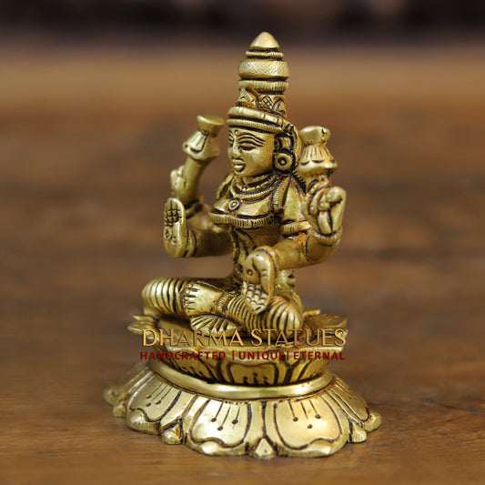 Brass Lakshmi seated in Blessing Posture, Golden Finish, 3.5"