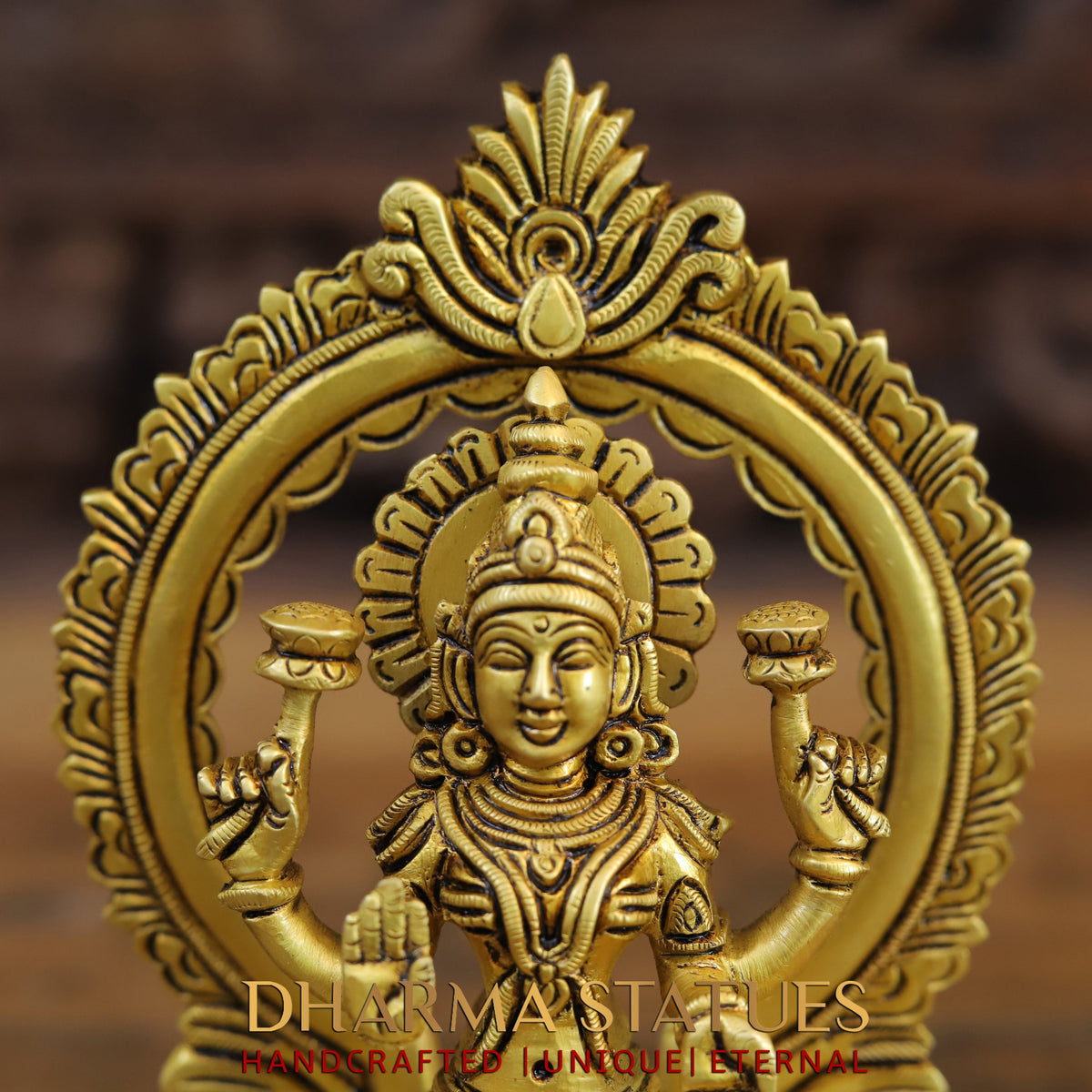 Brass Lakshmi seated with Frame, Golden Finish, 7.5"