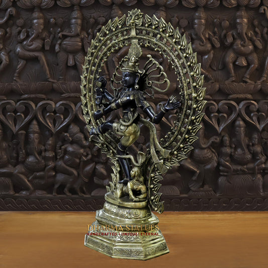 Brass Natraj Statue, The Celestial Dancer in Gleaming Brass, Black & Golden Finish, 29"