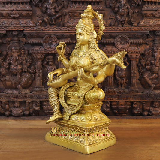 Brass Saraswati Seated, Golden Finish, 29"