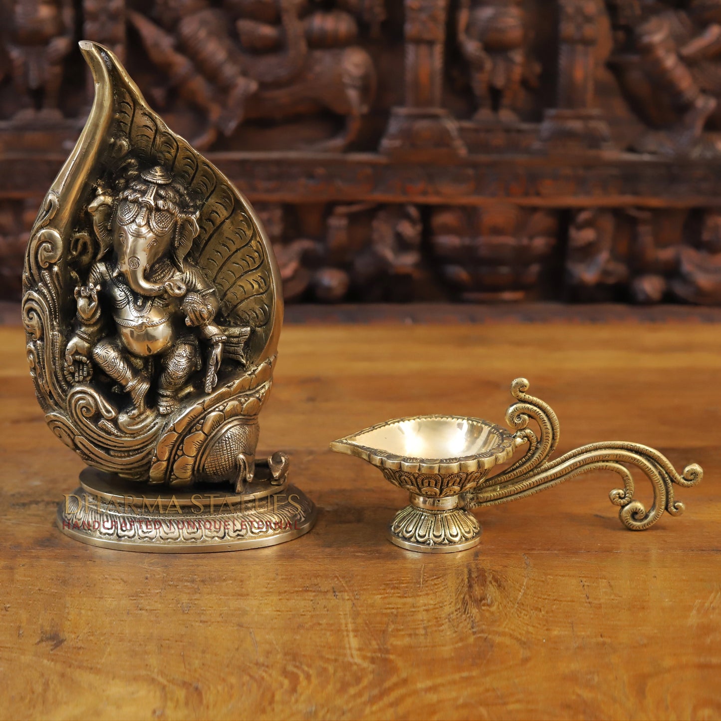 Brass Ganesh in Sacred Shankh, Fine Golden Finish, 12"