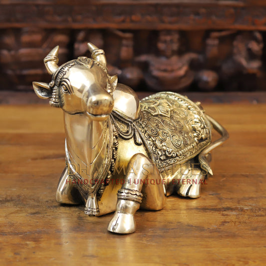 Brass Nandi Statue Seated, Intricate Detailing with Golden finish, 7.5”