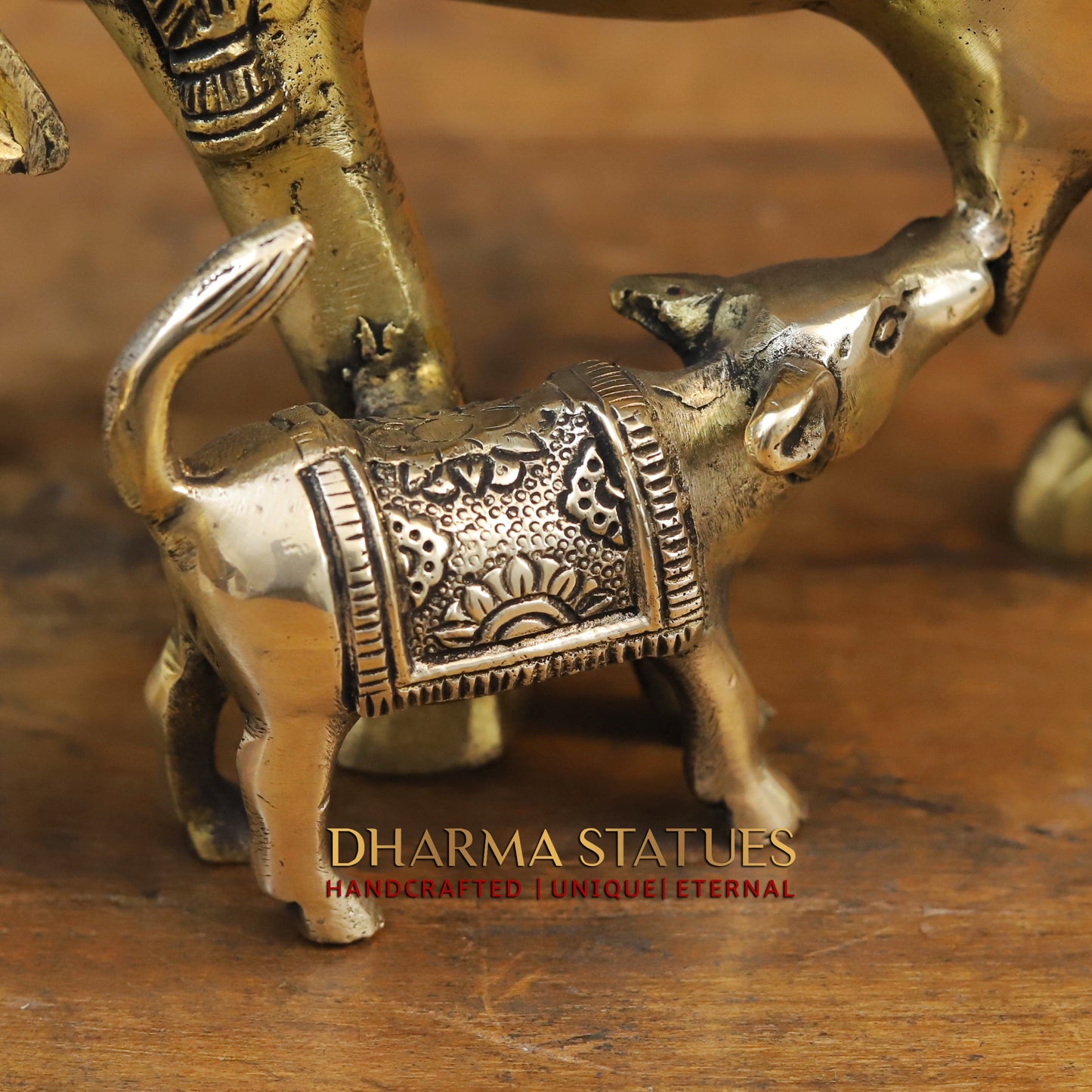 Brass Cow and Calf with Lakshmi Embosed on Back, Smooth finish 11.5”