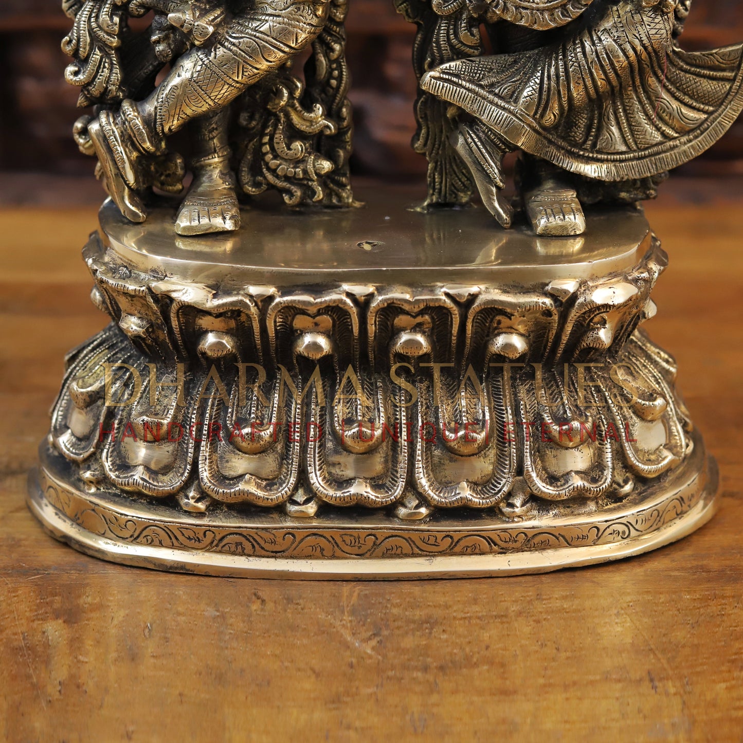 Brass Radha Krishna Statue, Playing flute on Lotus Pedastal, Gold Antique Finish, 21”