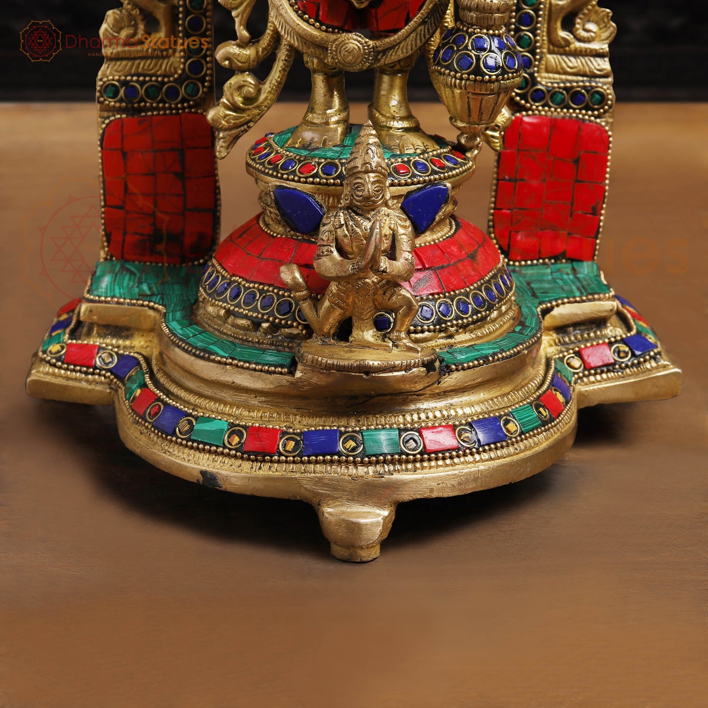 Brass Vishnu with Frame, Golden Finishe and Stone work, 15.5"