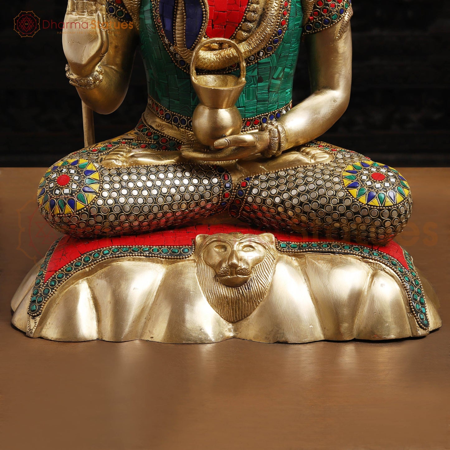 Brass Shiva Idol, Abhay Mudra, Intricate Stonework with Golden finish, 17"