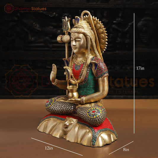 Brass Shiva Idol, Abhay Mudra, Intricate Stonework with Golden finish, 17"