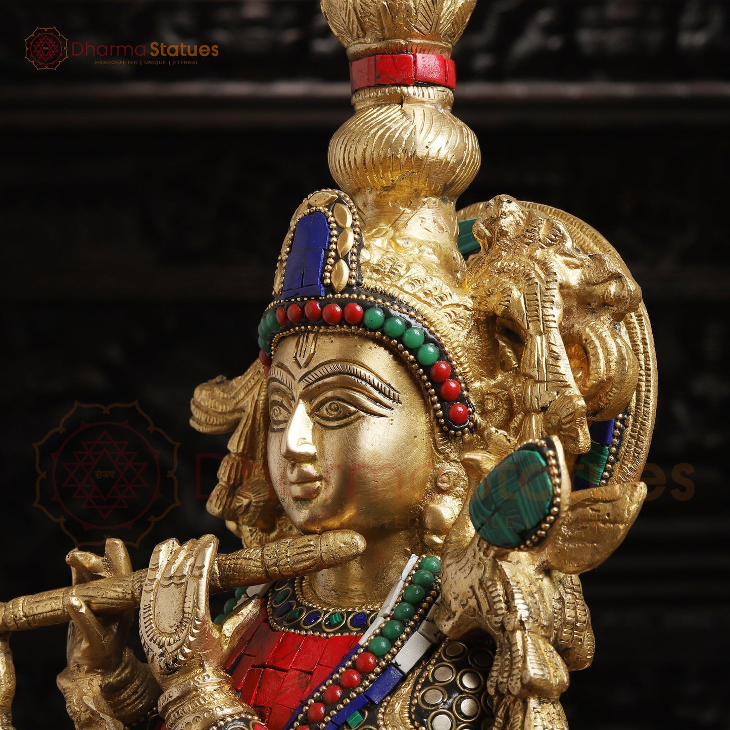 Brass Lord Krishna Statue with Cow, Playing Flute, Golden Finish with Stone Work, 21"