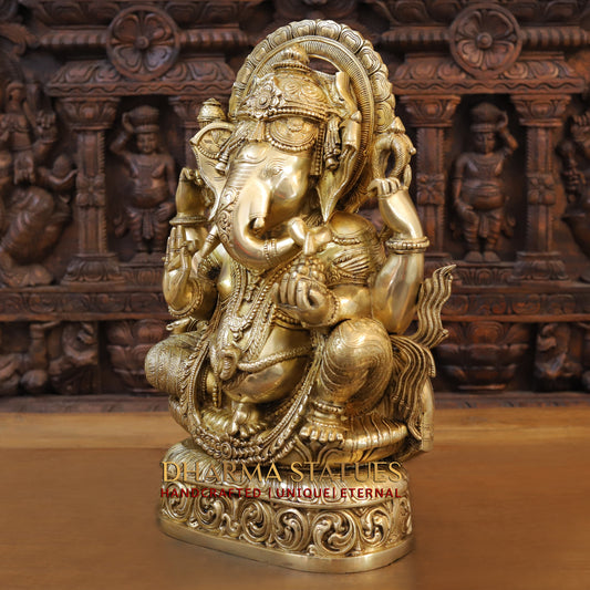Brass Ganesh seated with Fine Carved jewellery, Special Gold Finish, 20.5”