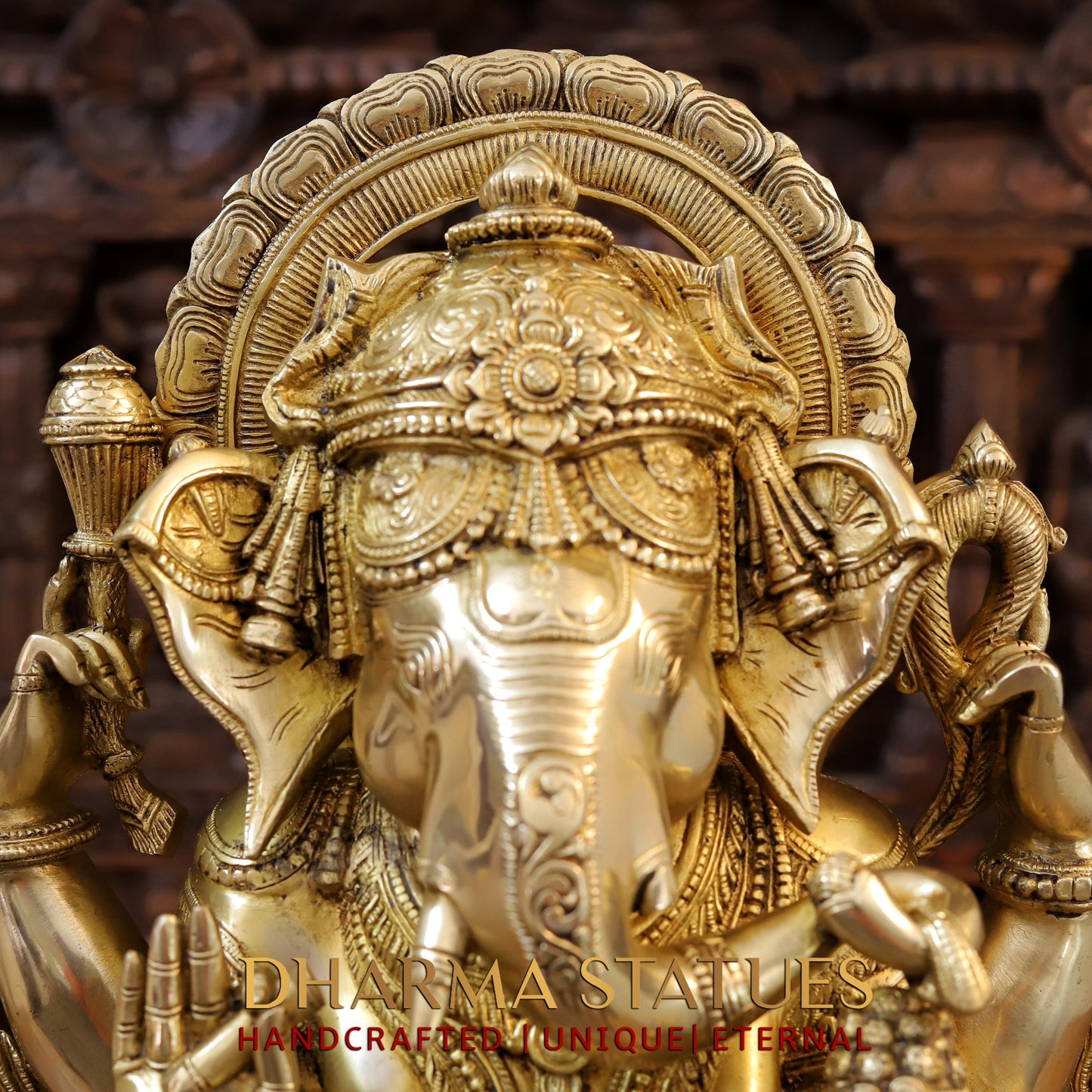 Brass Ganesh seated with Fine Carved jewellery, Special Gold Finish, 20.5”