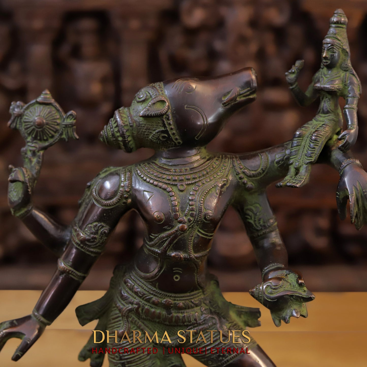 Brass Narayana Vishnu Holding Lakshmi Goddess, Copper & Green Finish, 17.5"