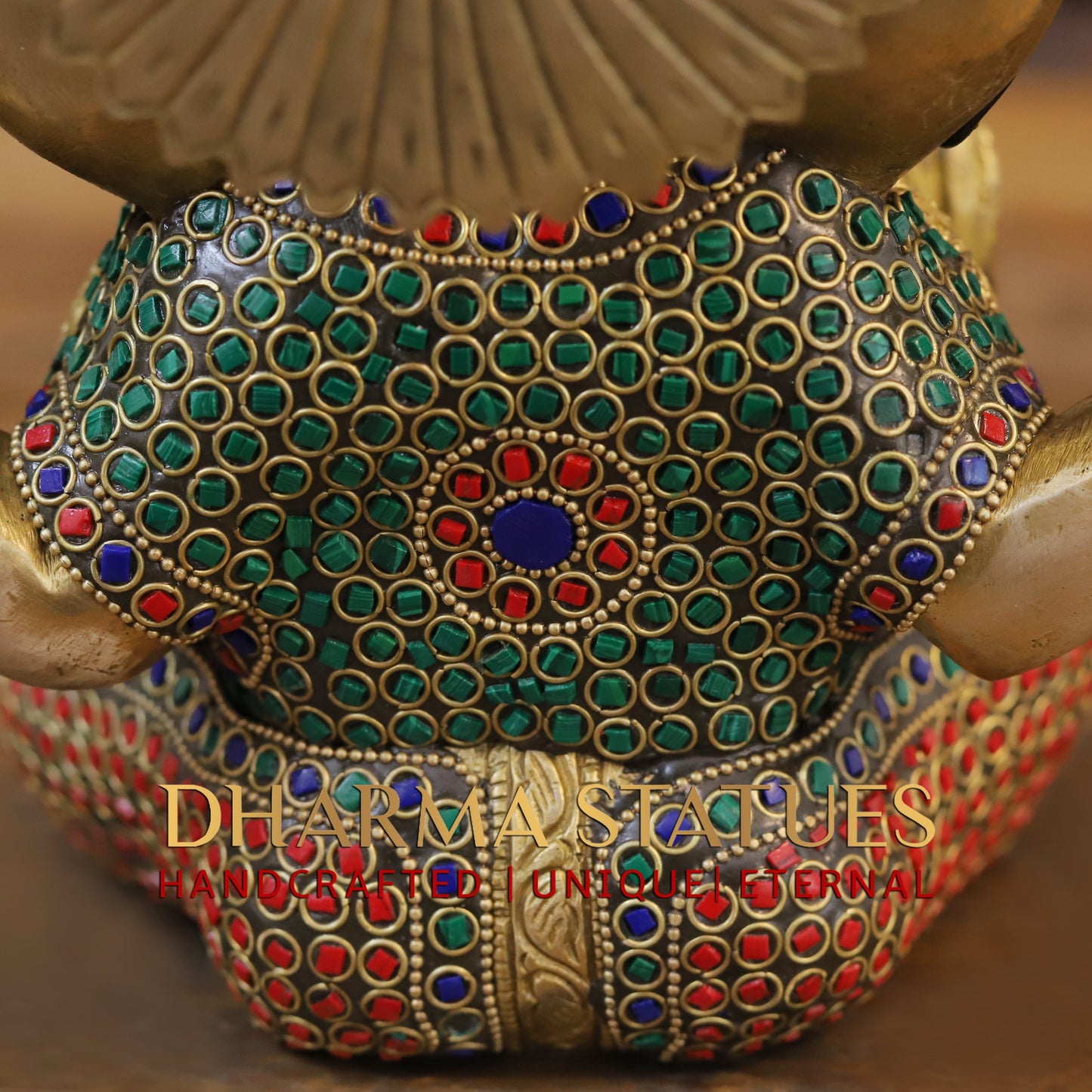 Brass Ganesh seated, Blessing Position, Golden & Stonework, 8.5"