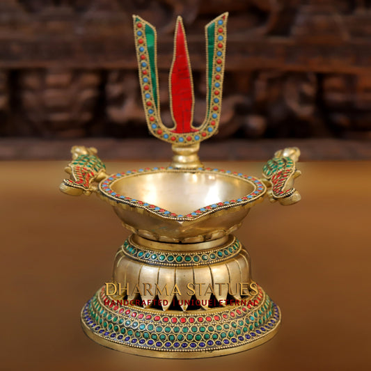 Brass shankh chakra Lamp, Golden & Stonework, 9.5"