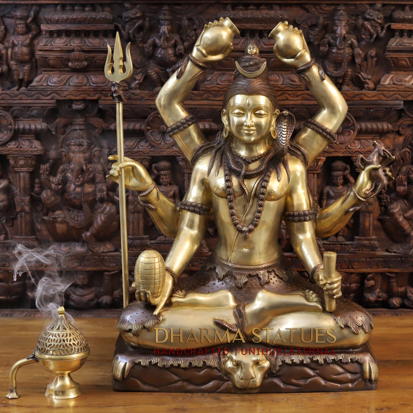 Brass Lord Shiva Statue, Mahamritunjya posture, Copper and Gold 31"