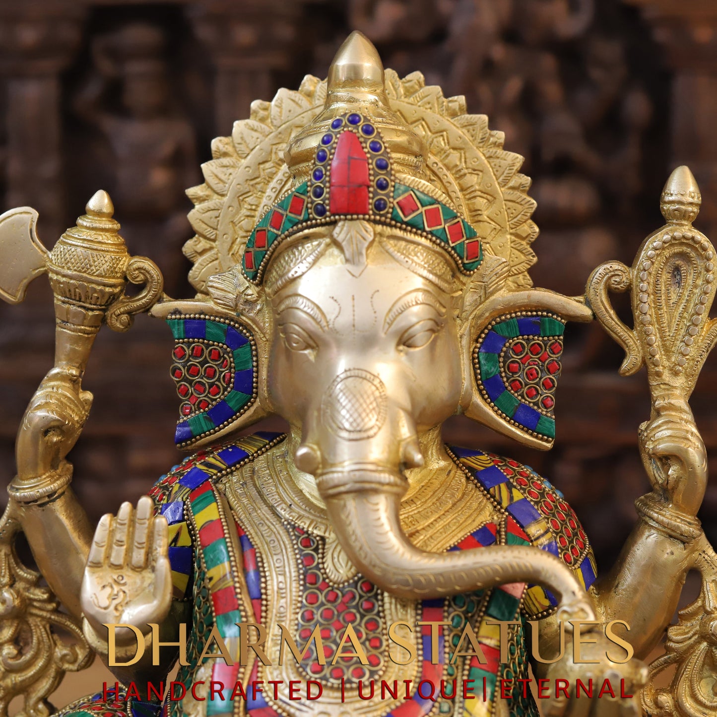 Brass Ganesh seated on Base, Blessing posture, Golden & Stonework, 17"