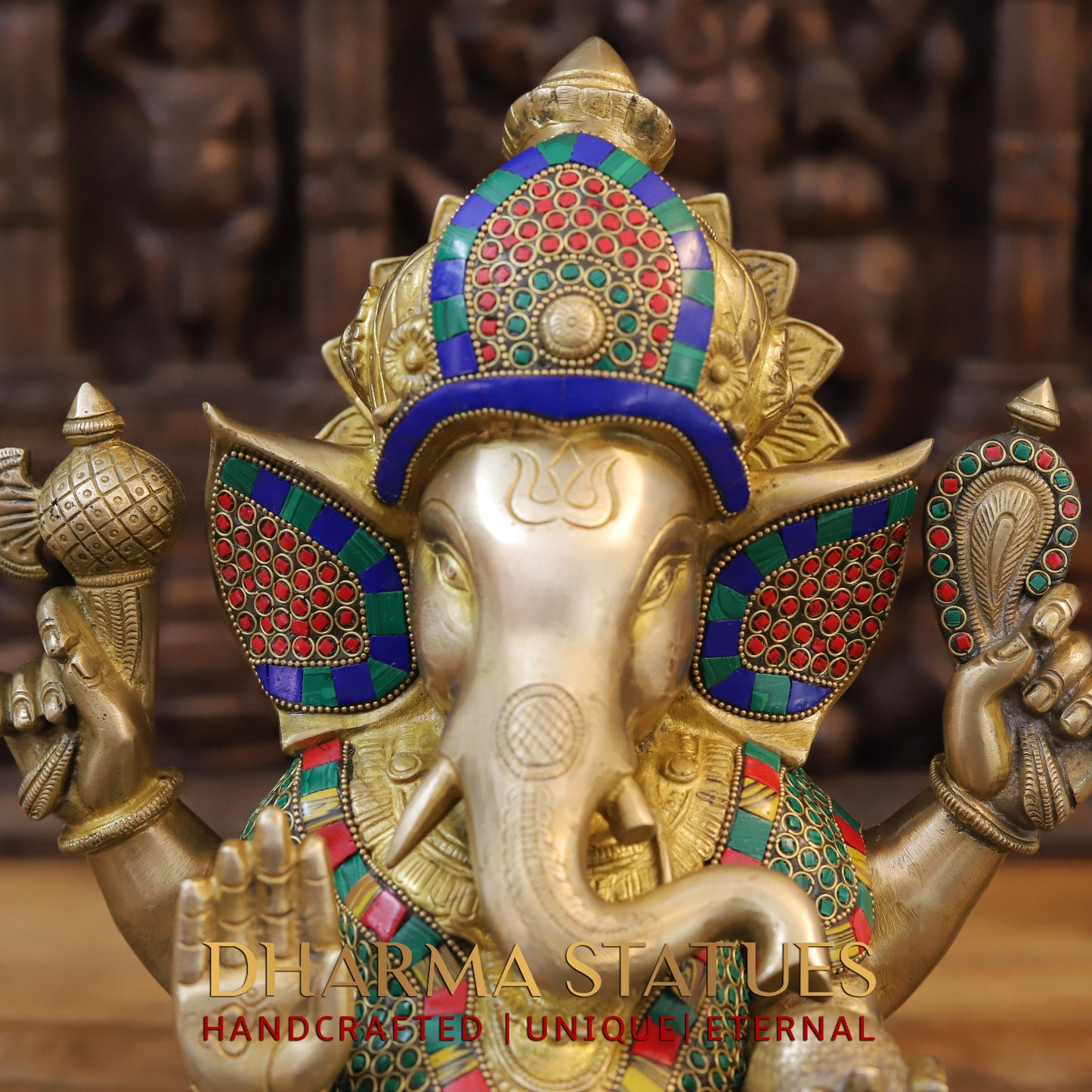 Brass Ganesh seated on Lotus, Blessing Posture, Golden & Stonework, 14.5