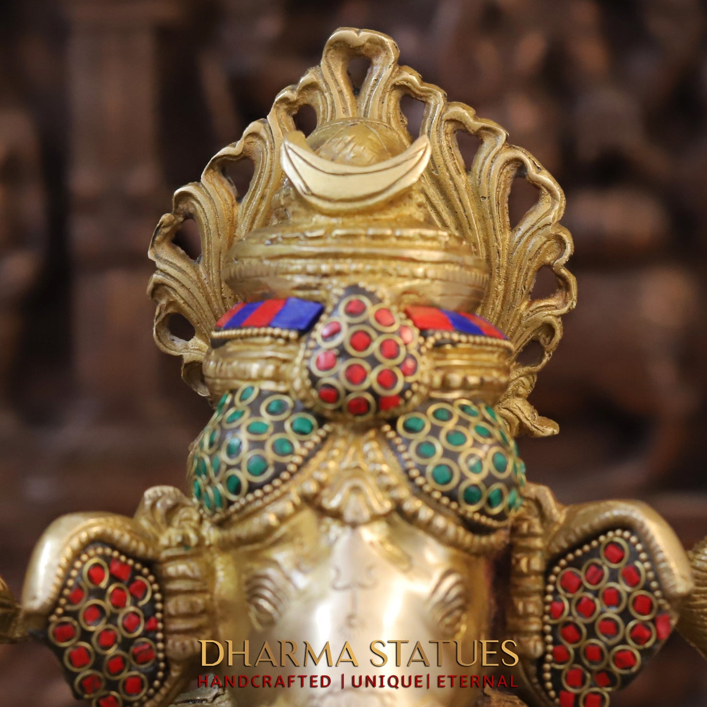 Brass Ganesh seated on Base, Blessing Position, Golden & Stonework, 14"