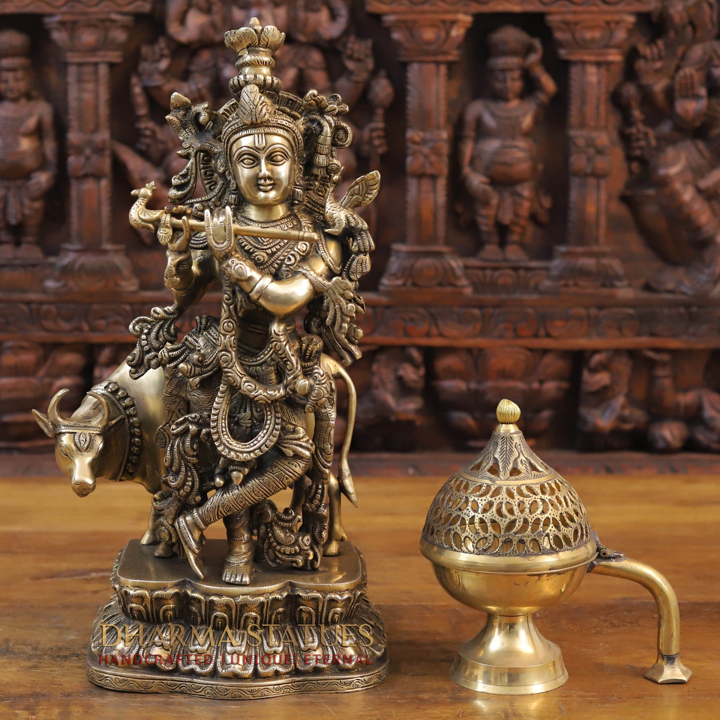 Brass Krishna With Cow, Divine Shepherd, Fine Gold, 17"