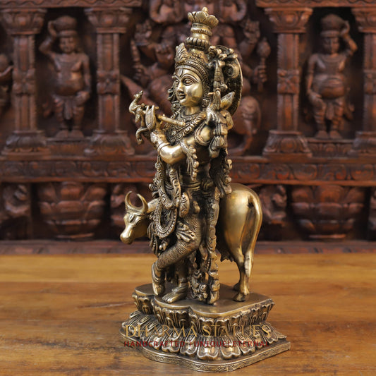 Brass Krishna With Cow, Divine Shepherd, Fine Gold, 17"