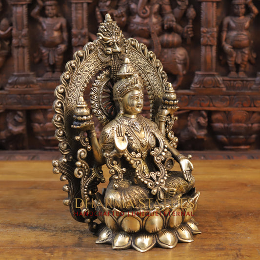 Brass Lakshmi Statue, Seated on a Lotus, Fine Golden Finish 15"