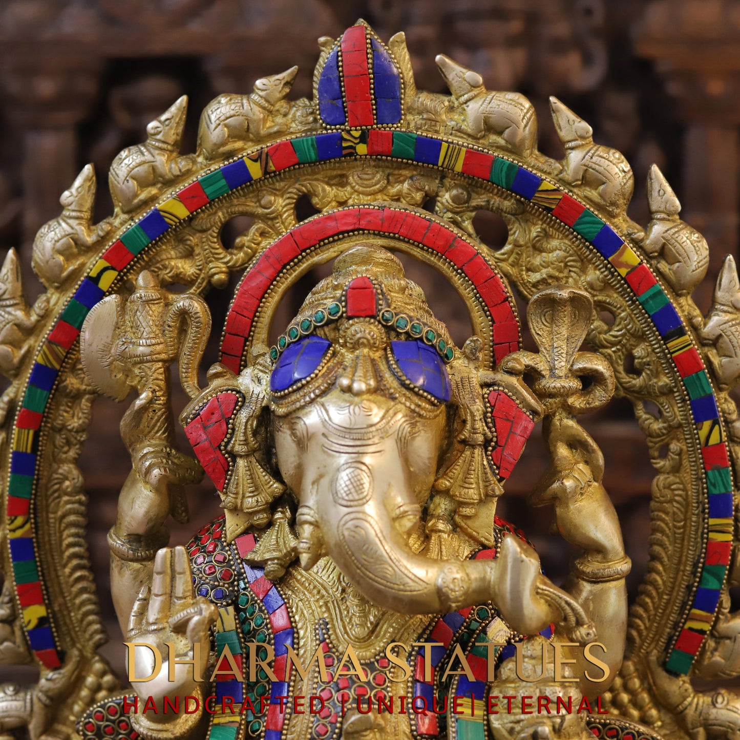 Brass Ganesh seated on Throne, Blessing Position, Golden & Stonework, 18"