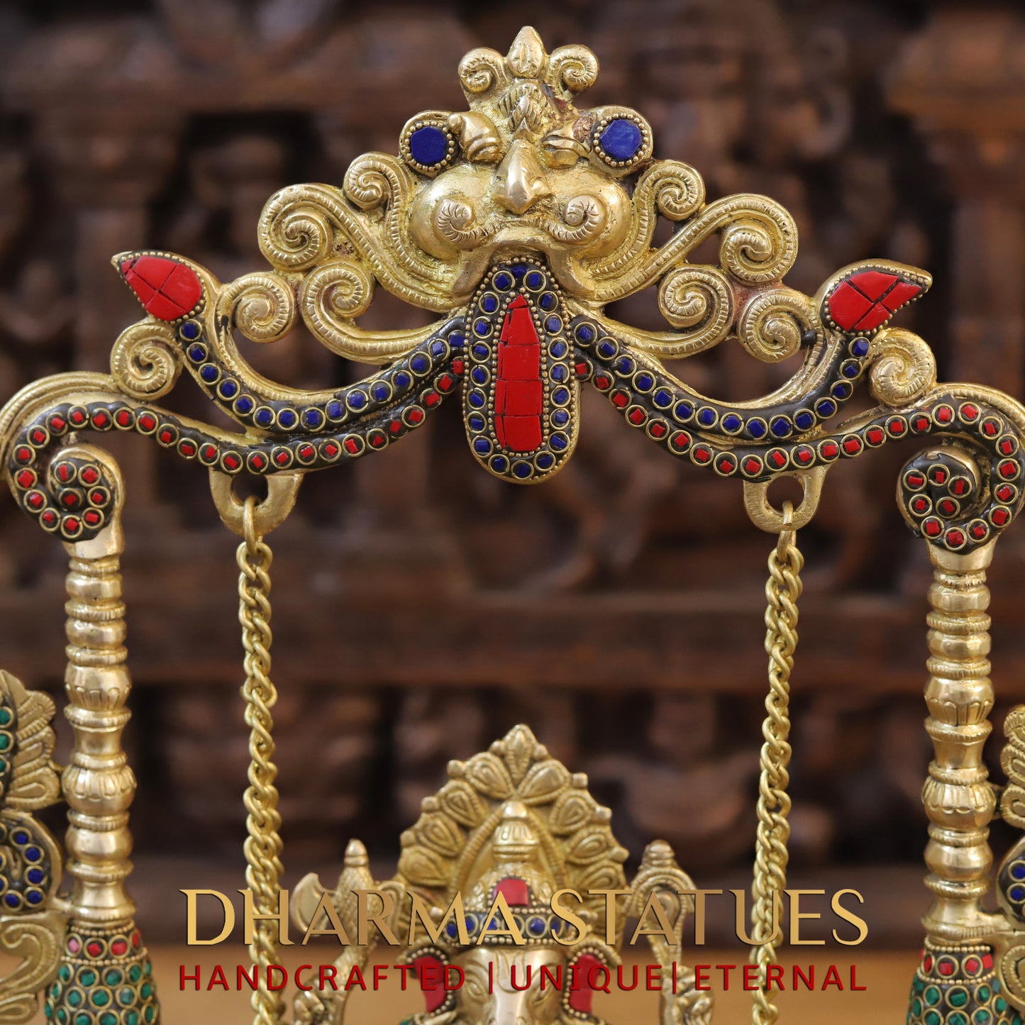 Brass Ganesh on Swing, Blessing Posture, Golden & Stonework, 19"