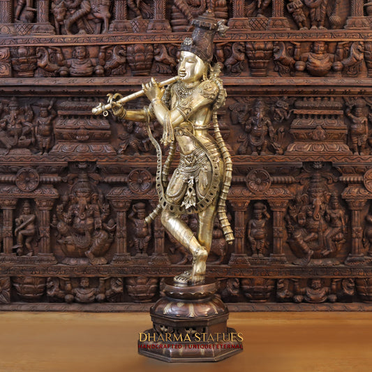 Brass Krishna playing Flute on Pedestal, Golden & Copper Finish, 45"