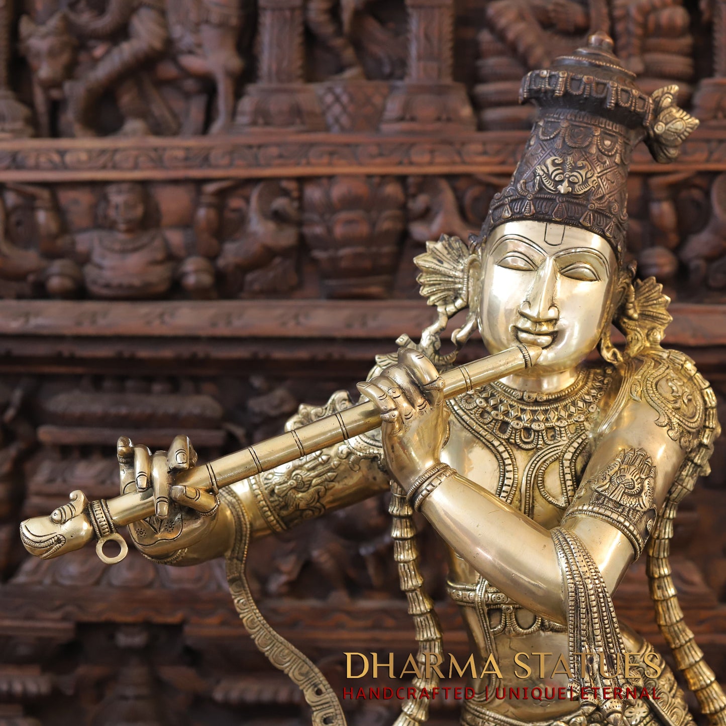 Brass Krishna playing Flute on Pedestal, Golden & Copper Finish, 45"