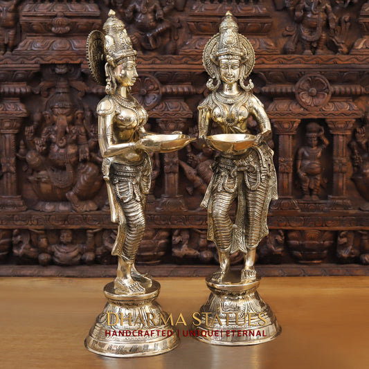 Brass Deep Lakshmi pair holding Lamp, Golden Finish, 28"
