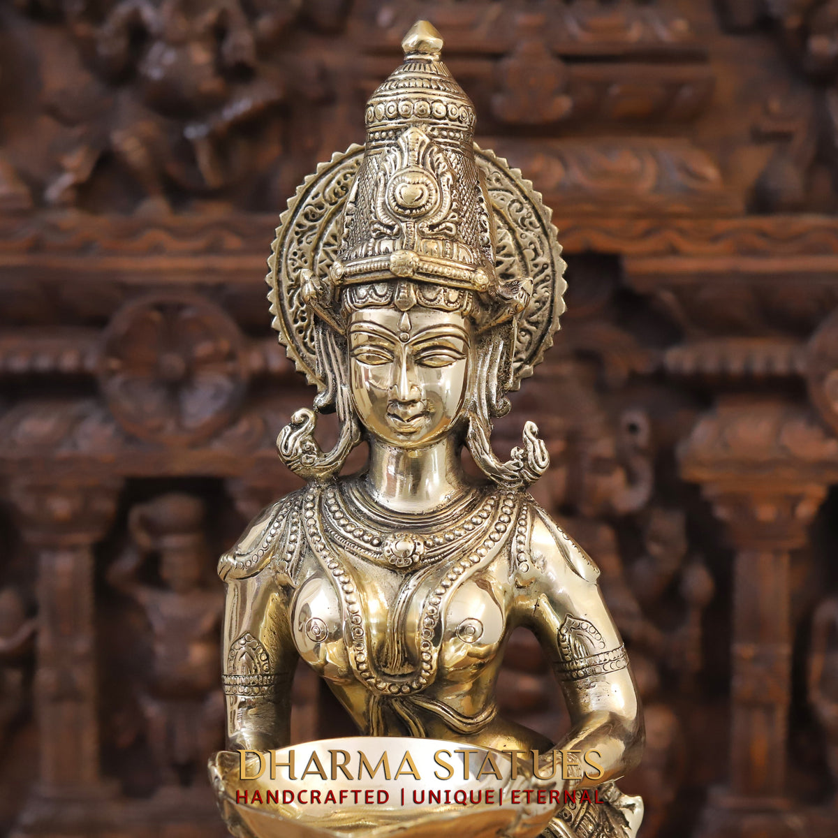 Brass Deep Lakshmi standing with lamp, Golden Finish, 28"