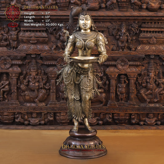 Brass Deeplakshmi holding Lamp, Copper & Golden Finish, 37"