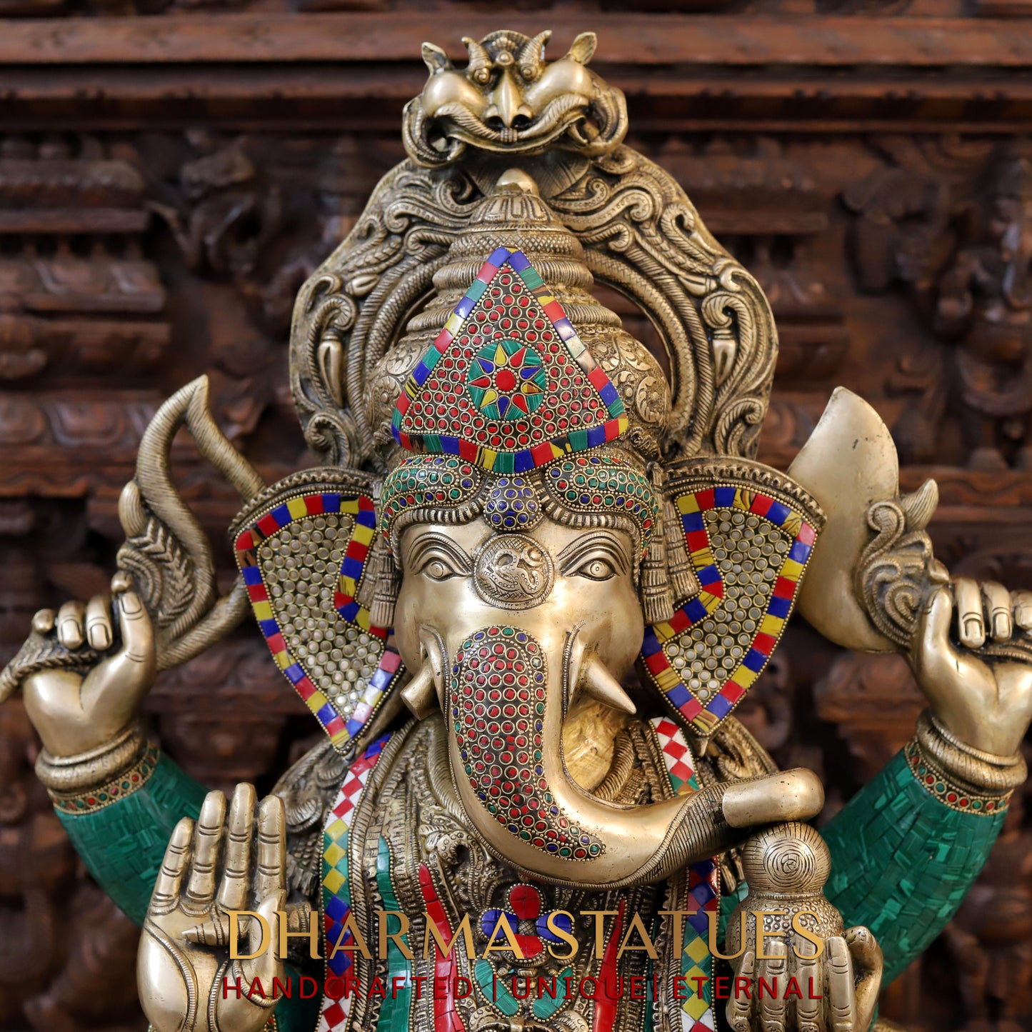 Brass Ganesh Seated on Chowki Base With kalash And Musical Rat, Fine Golden and Stone work 34