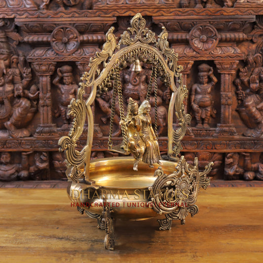 Brass Radhe Krishna Statue with Peacock Urli, Fine Gold Finish, 23"