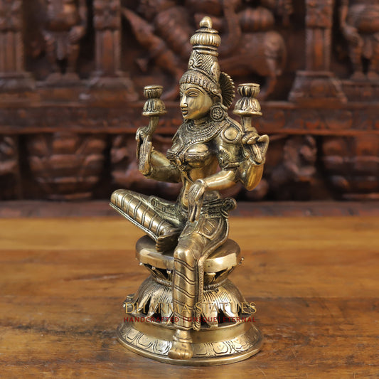Brass Lakshmi Statue seated on Lotus, Golden Finish, 12.5"