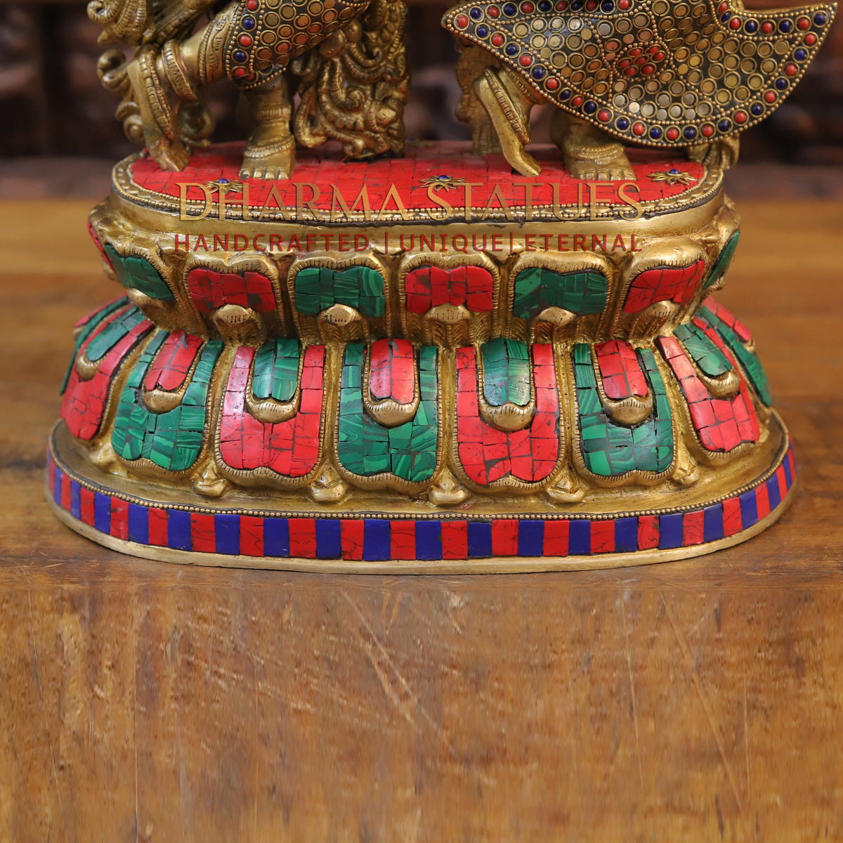 Brass Radha Krishna Statue on Single base, Golden finish & Stonework, 21